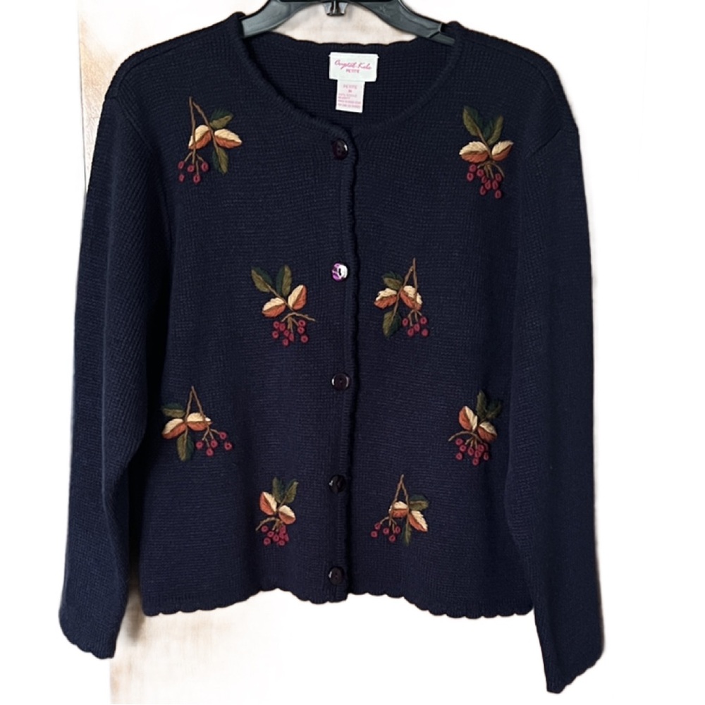 Vintage Women's Navy Cardigan with Fall Embroidery